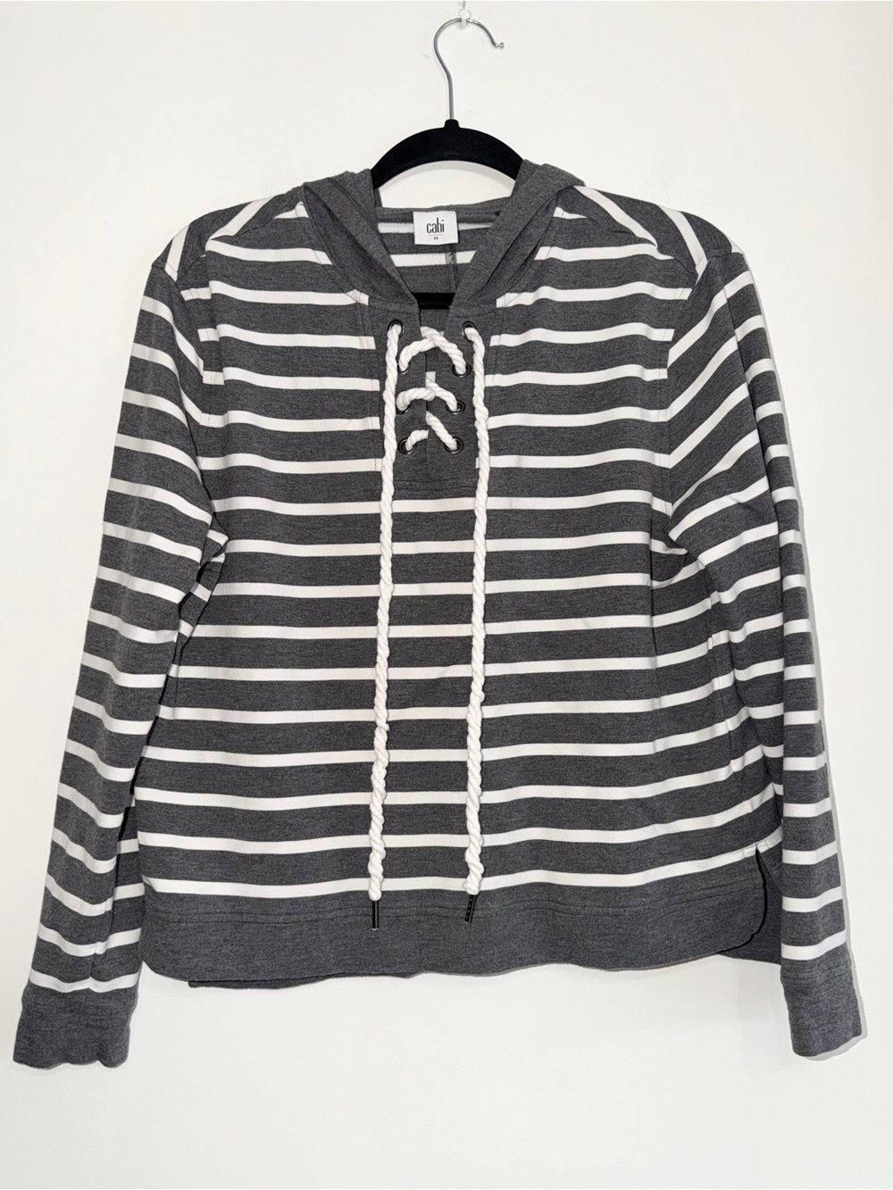 Cabi Winward Striped Gray White Lace Up Hoodie Size M